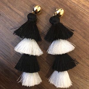 Black & white fringe bauble bar earrings